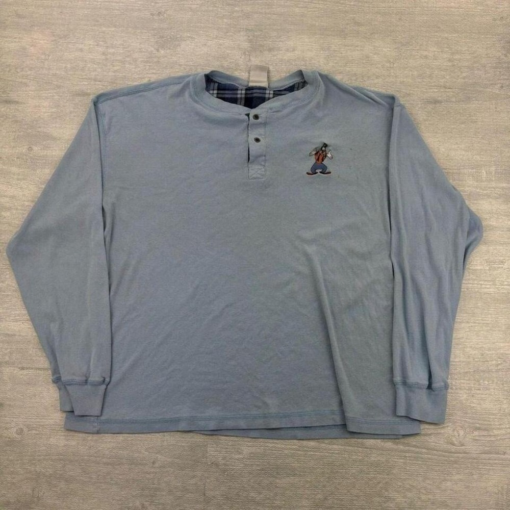 Vintage Y2K Goofy Shirt Adult XL Baby Blue Embroidered Disney Henley Neck